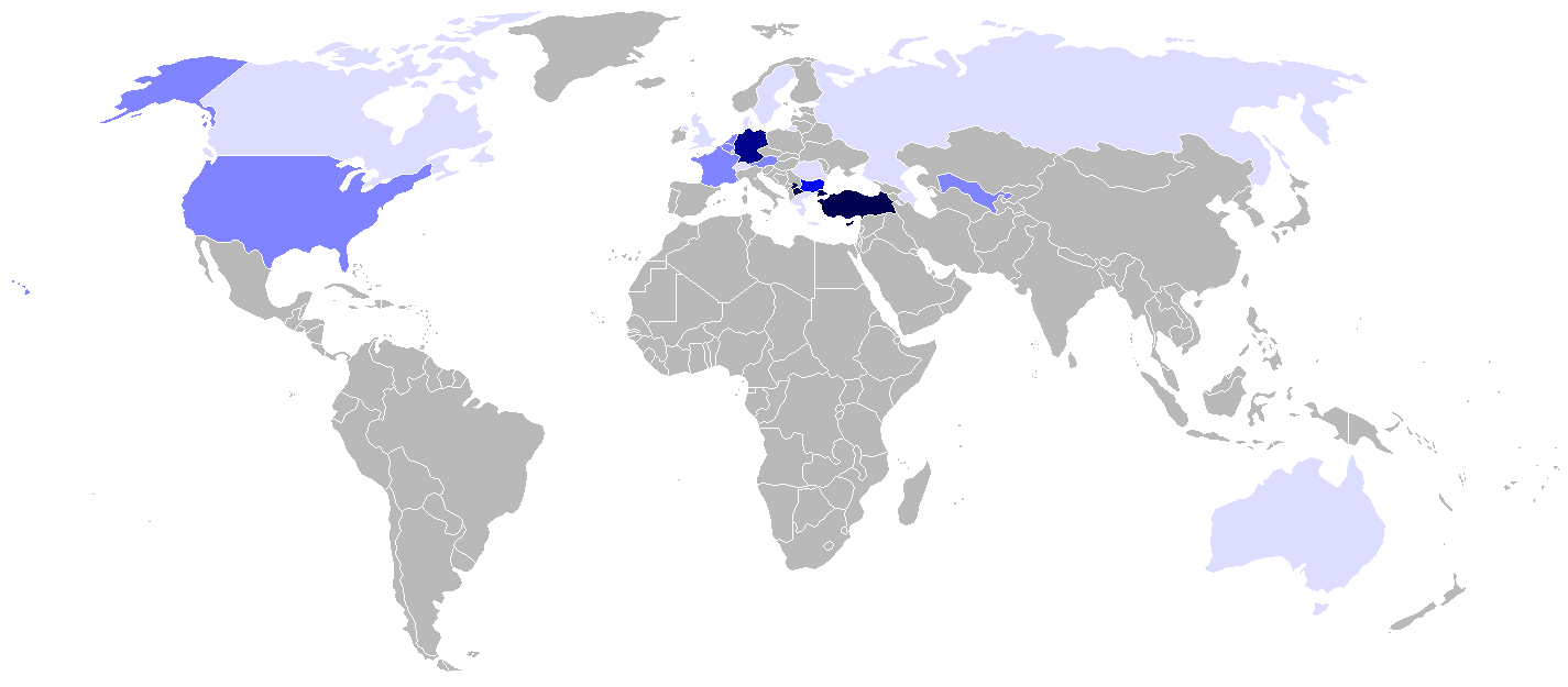 Map depicting approximate number of Turkish speakers worldwide per country